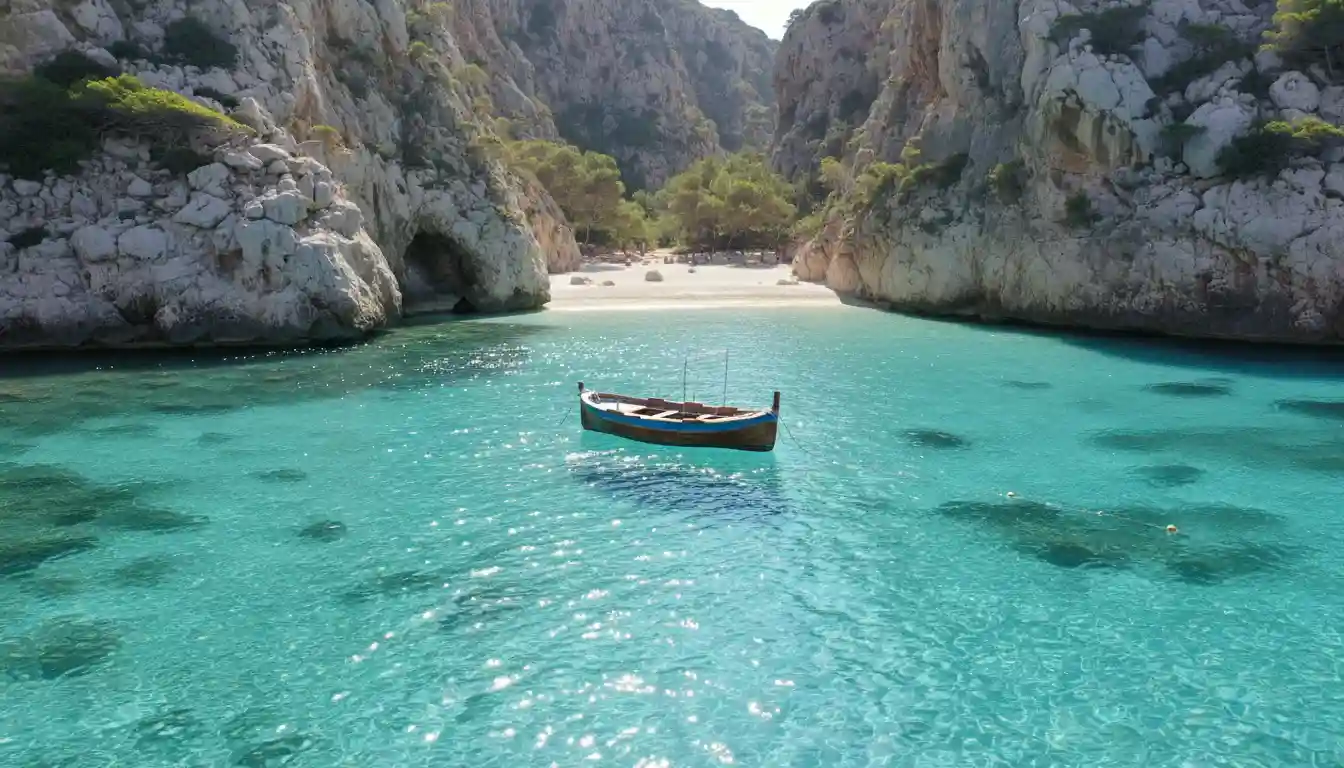 Private boat anchored in a crystal clear cove in Mallorca