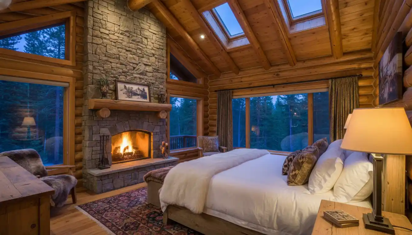 Luxurious master bedroom suite with fireplace and jacuzzi tub access
