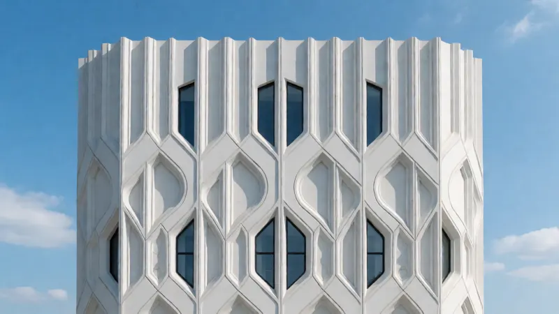 Abstract architectural detail of a modern, white art deco building facade with repeating geometric patterns under a clear blue sky.