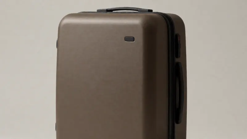 A solid-colored hard-shell carry-on suitcase positioned against a plain, neutral backdrop.