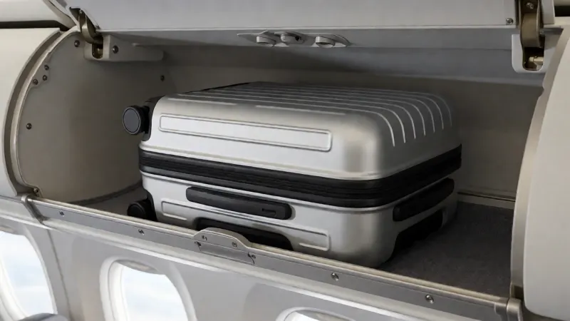 A sleek, silver hard-shell carry-on suitcase resting inside an empty airplane overhead compartment.