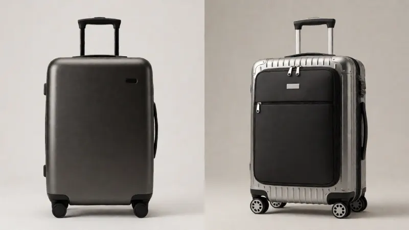 A side-by-side view of a sleek, hard-shell suitcase next to a modern carry-on with aluminum details, set against a clean, neutral background.