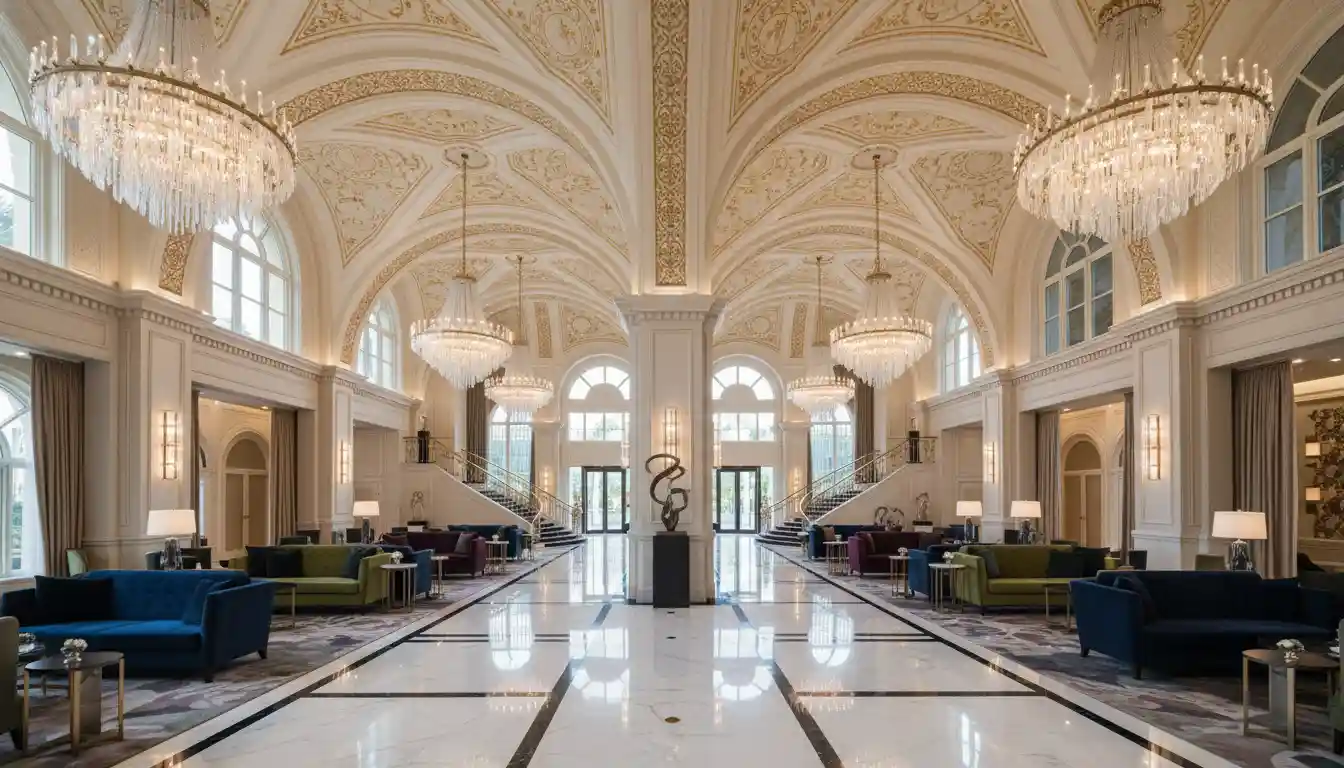 Luxurious lobby of The Grand at Moon Palace Cancun with high ceilings