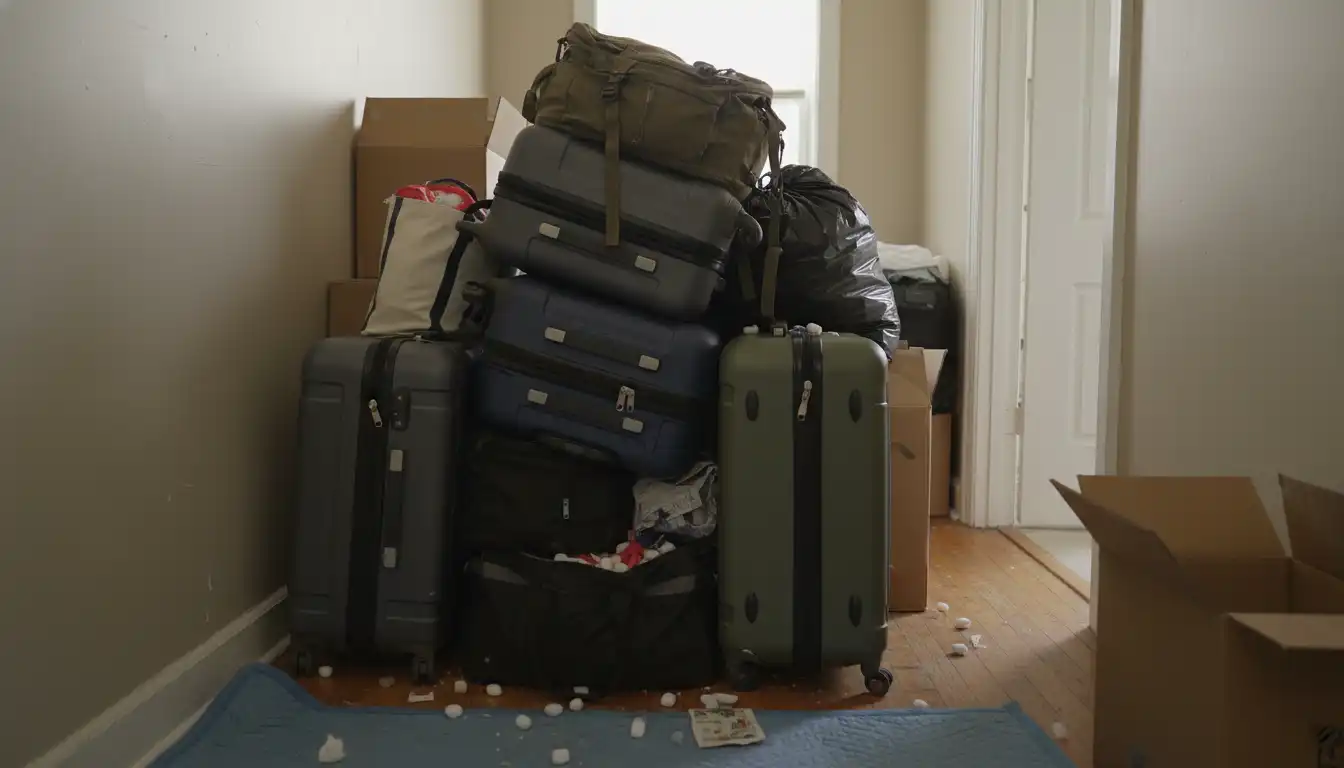 A pile of suitcases and moving bags in a messy apartment hallway.