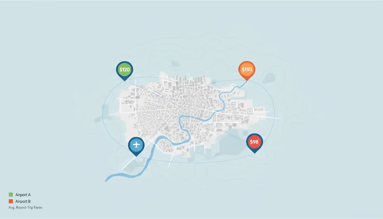 Map view with multiple nearby airports and price bubbles comparing fares.