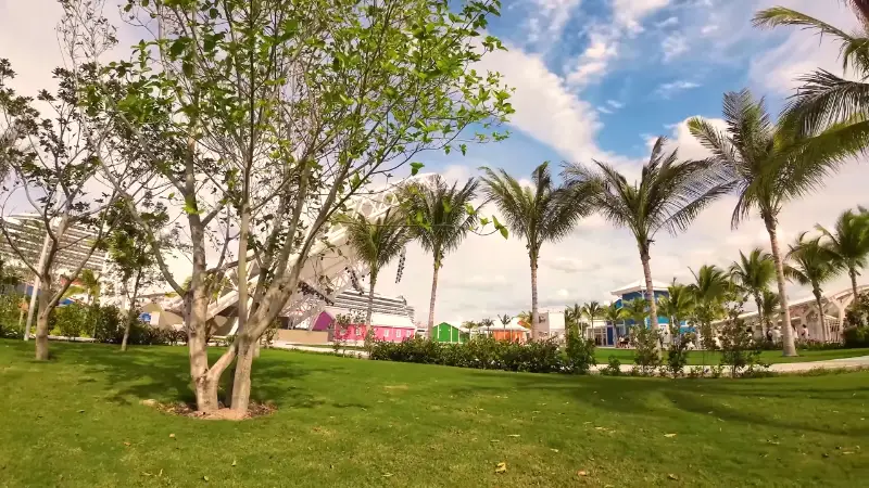 Panoramic aerial view of Nassau city and harbor with bridges and colorful buildings