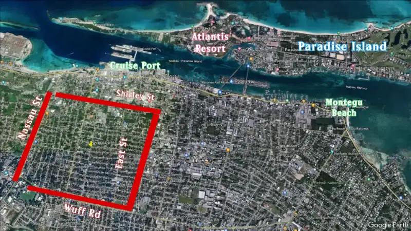 Map of Nassau and Paradise Island showing key areas like Cruise Port and Atlantis Resort