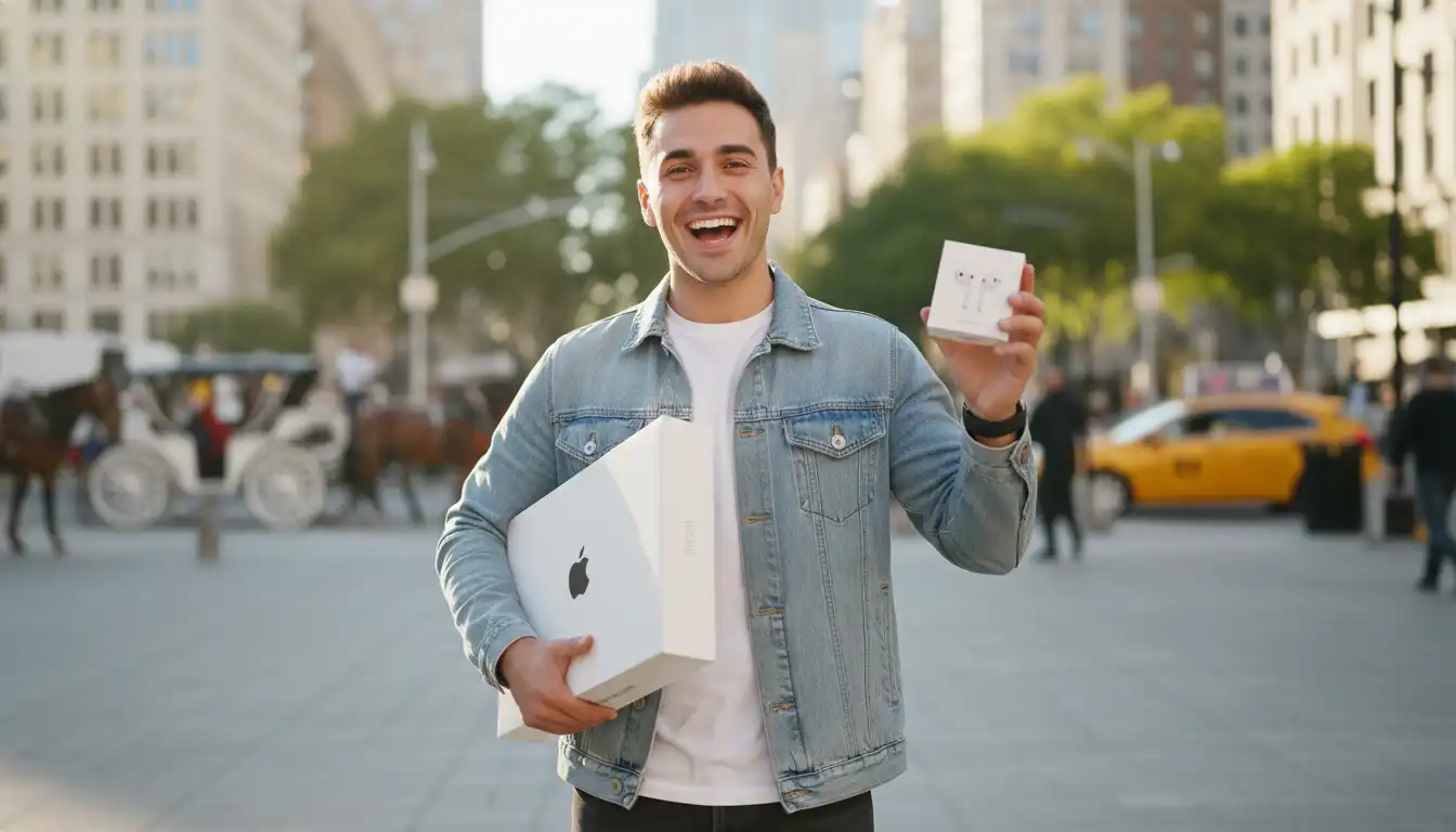 A young woman holding a new MacBook box and AirPods outside.