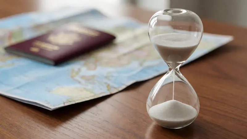 A close-up of an hourglass on a desk with a passport and a travel map blurred in the background.