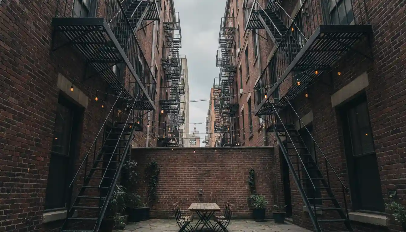 A view of an urban terrace with brick walls and black metal fire escapes.