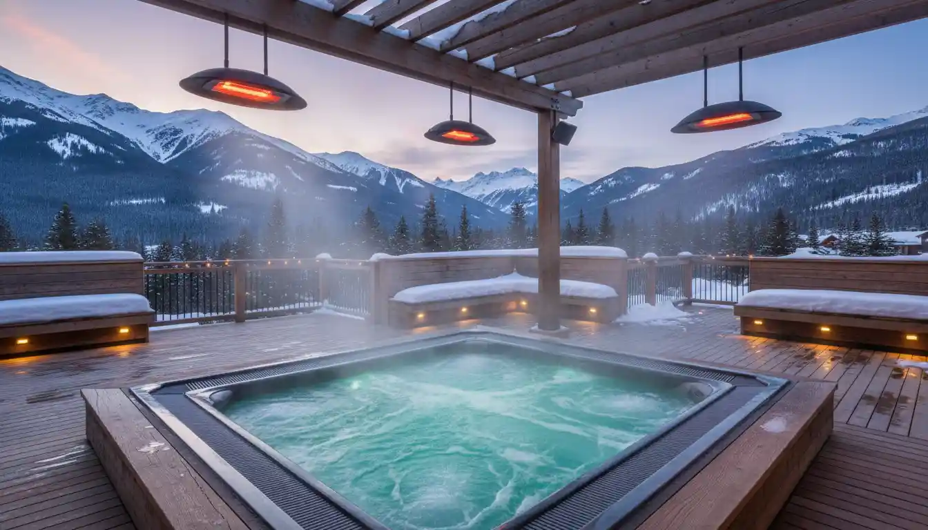 Large outdoor jacuzzi surrounded by heat lamps on a wooden deck