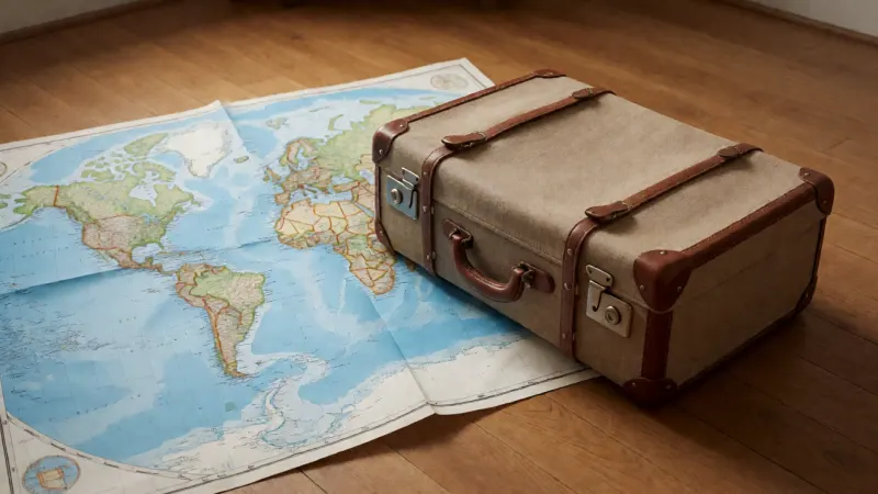 A neatly packed vintage suitcase resting on a wooden floor next to a world map.