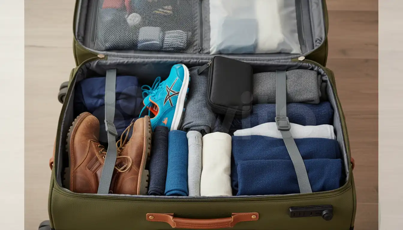 Suitcase packed with shoes tucked between clothing layers for space saving