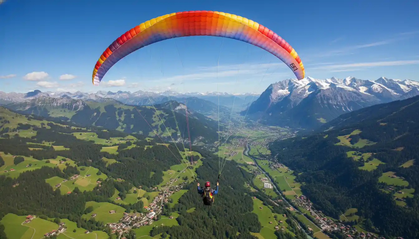 Paragliding over the Swiss Alps and lush green valleys