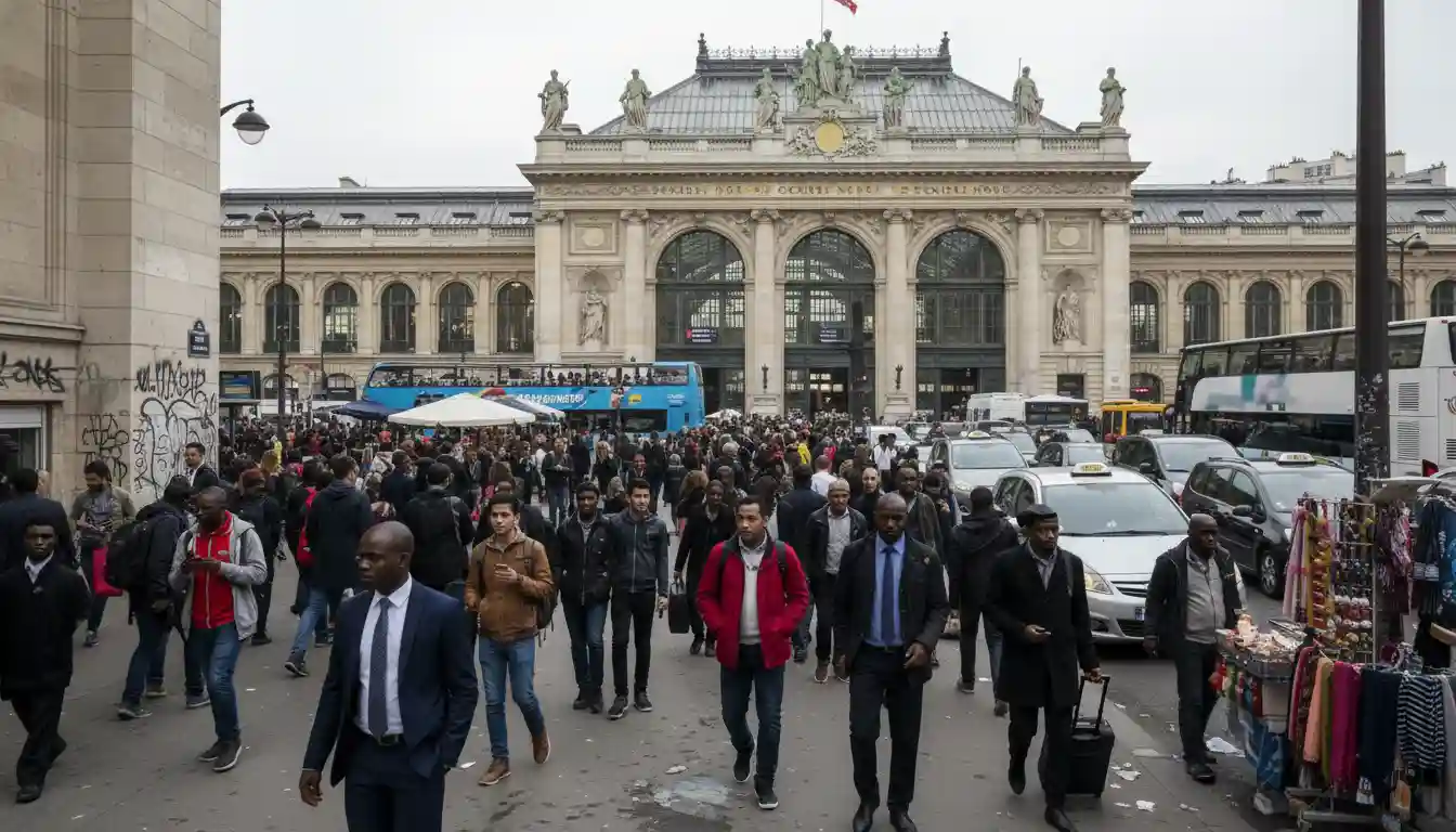The busy and chaotic exterior of Gare du Nord station in Paris