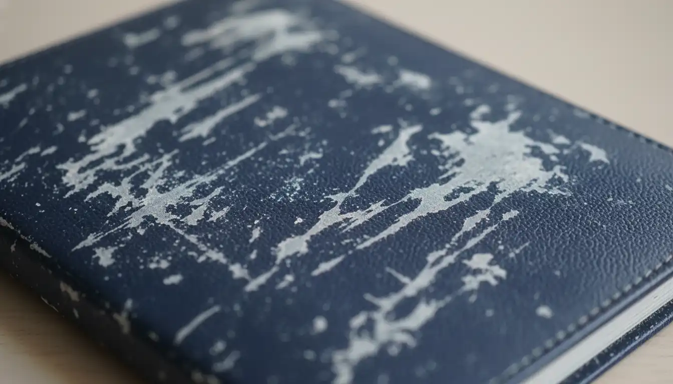 Passport cover showing damage and loss of shine after being wiped with alcohol