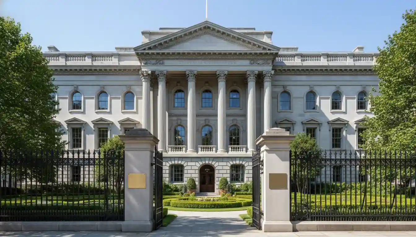 Exterior of an embassy where a traveler is picking up a new passport