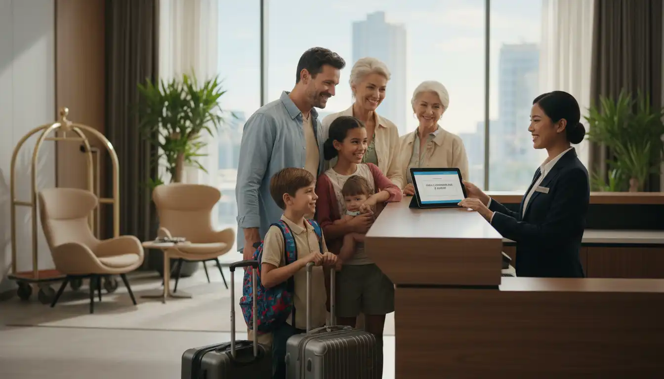 A group of people in hotel reception.