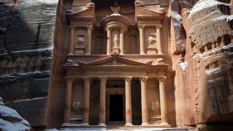 The ancient, carved sandstone facade of the Treasury in Petra lightly covered with a blanket of white snow.