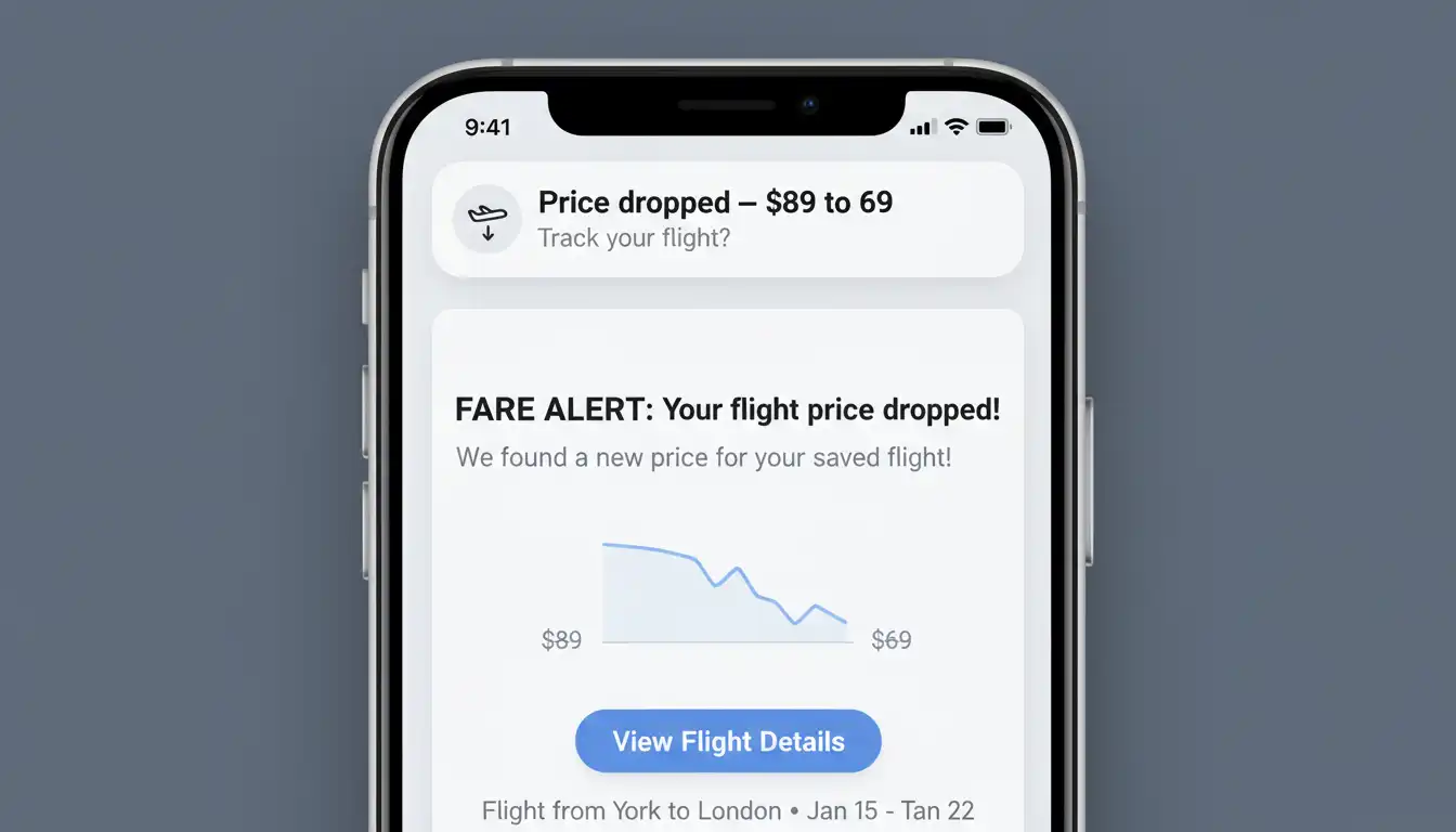 Email or push alert notifying user about a flight price drop.