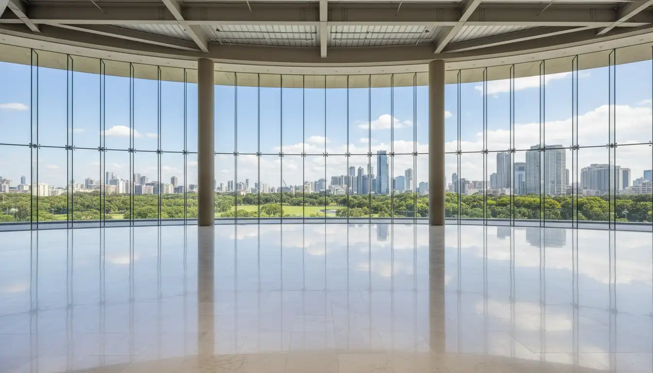 An enormous, empty private ballroom with 30-foot glass walls overlooking the park.