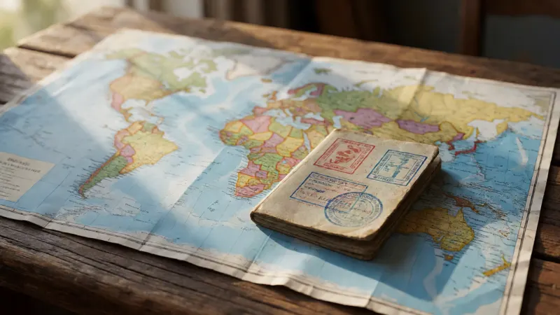 A worn passport with colorful stamps resting on a detailed world map spread across a rustic wooden table.