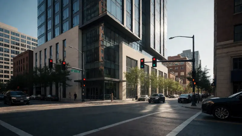 A street-level view of a modern intersection in downtown Denver.