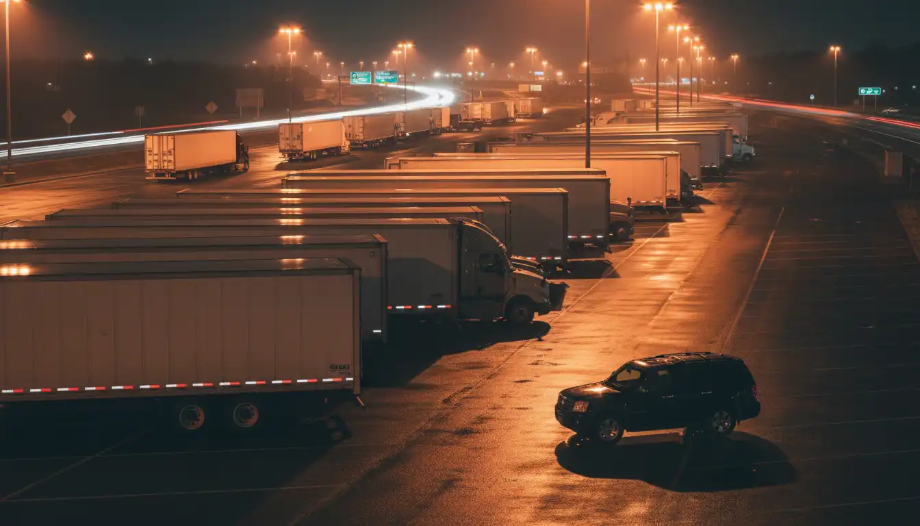 Night view of a highway rest stop with trucks and cars parked for sleeping