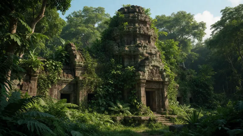 Ancient stone temple surrounded by lush green jungle foliage.