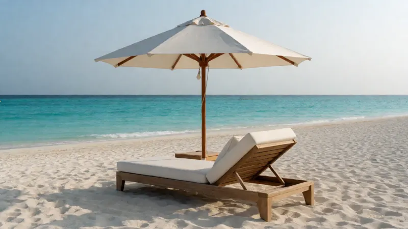 Lounge chairs with an umbrella on a white sand beach facing a calm turquoise ocean.