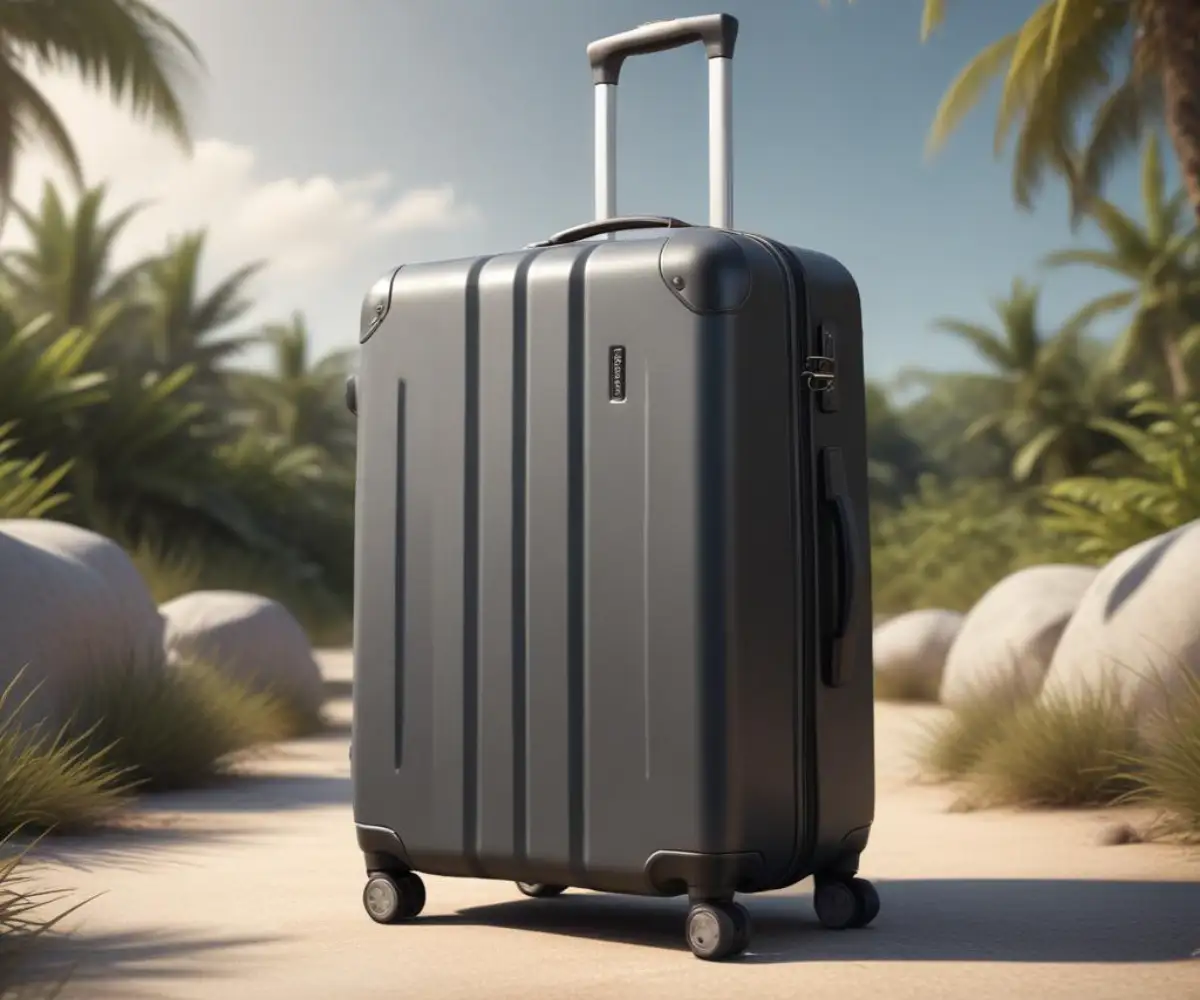 A modern, dark gray, hard-shell spinner suitcase with four multi-directional wheels standing on a plain surface.