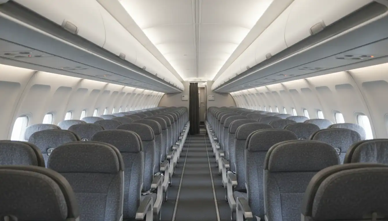 Interior of SAS Airbus A321 cabin showing seats and overhead bins