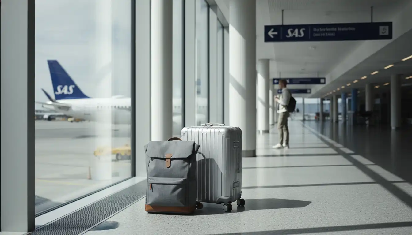 Blue hardside carry-on suitcase with wheels.
