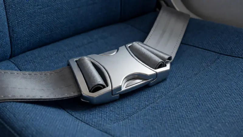 Close-up of a silver airplane seat belt buckle against a blue fabric seat.