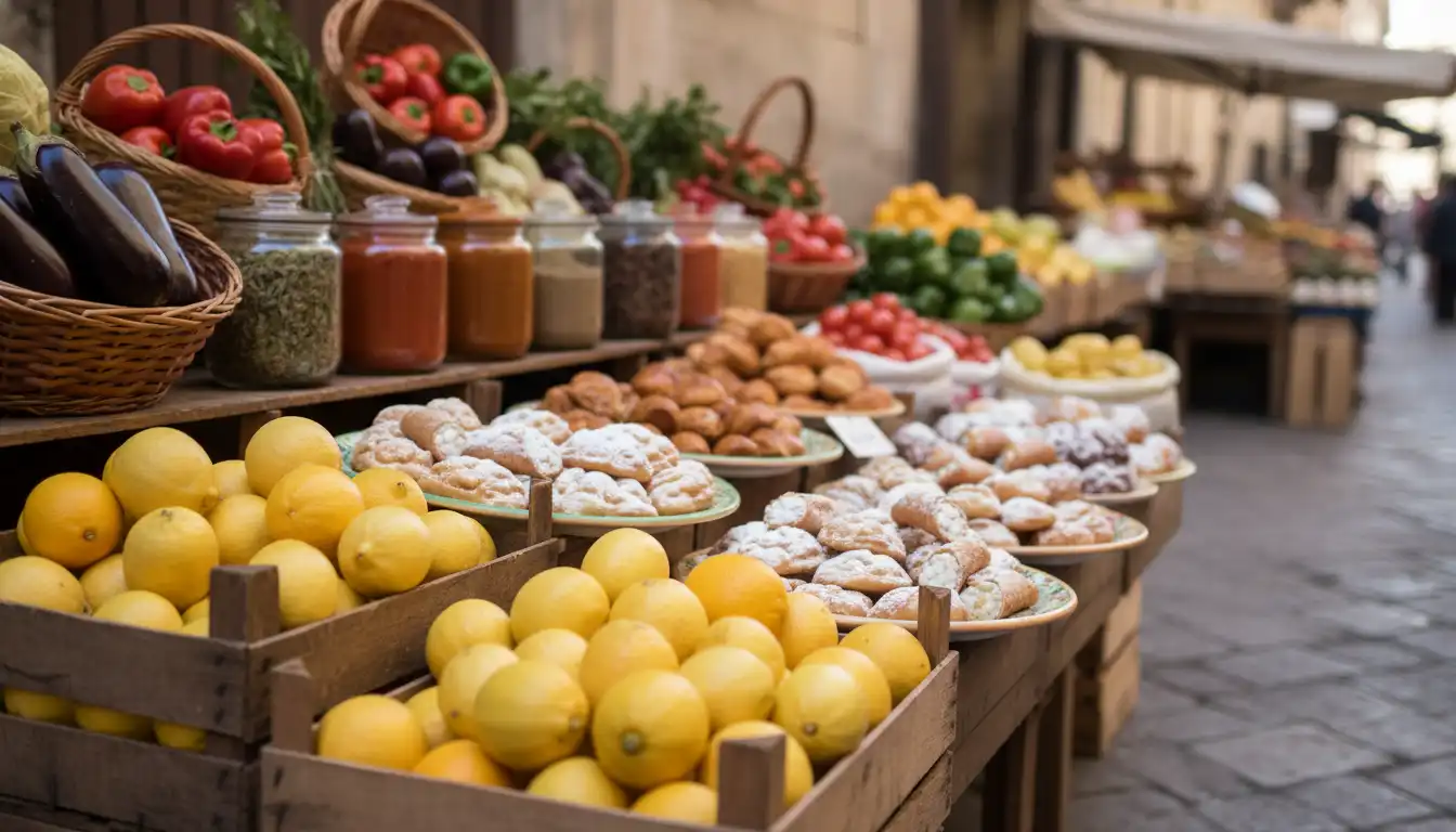 Vibrant street food market in Palermo, Sicily
