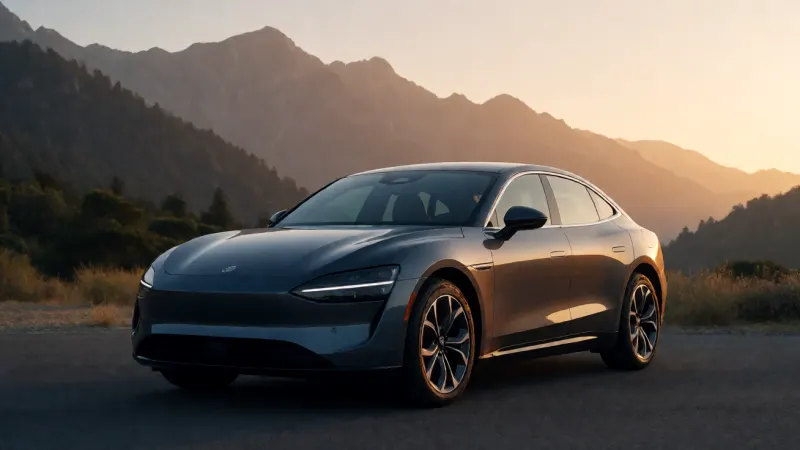 A sleek, modern rental car parked in front of a scenic mountain landscape at sunrise.