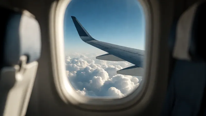 An airplane wing soaring above fluffy white clouds under a clear blue sky, seen from a passenger window.
