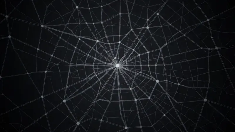 An abstract geometric design with intersecting lines on a dark background, suggesting interconnected flight routes on a digital map.