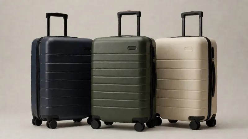 Three hard-shell carry-on suitcases in different colors arranged on a neutral background.