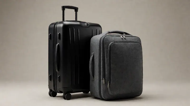 A sleek, black hard-shell suitcase next to a textured, gray carry-on bag on a neutral background.