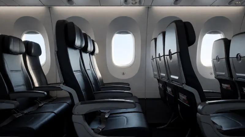 Interior view of an empty, modern airplane cabin with rows of sleek, dark seats.
