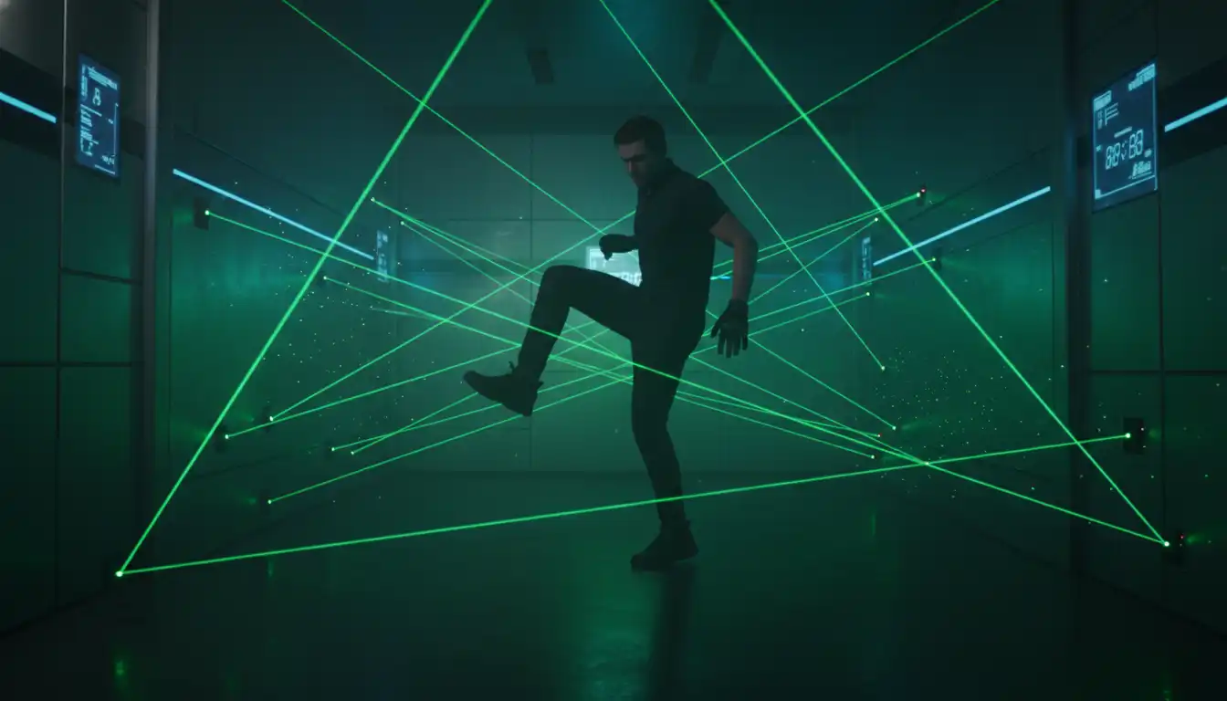 A dimly lit room with green lasers for an immersive spy game.