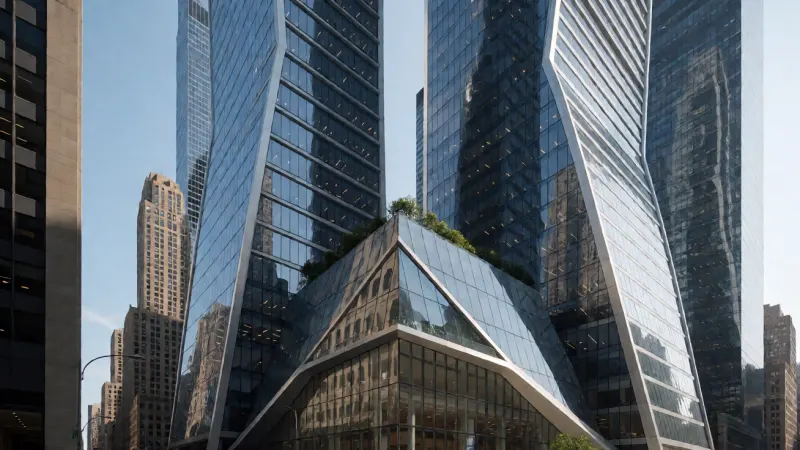 Looking up at the abstract architectural lines and reflective glass of modern skyscrapers in a downtown financial center.