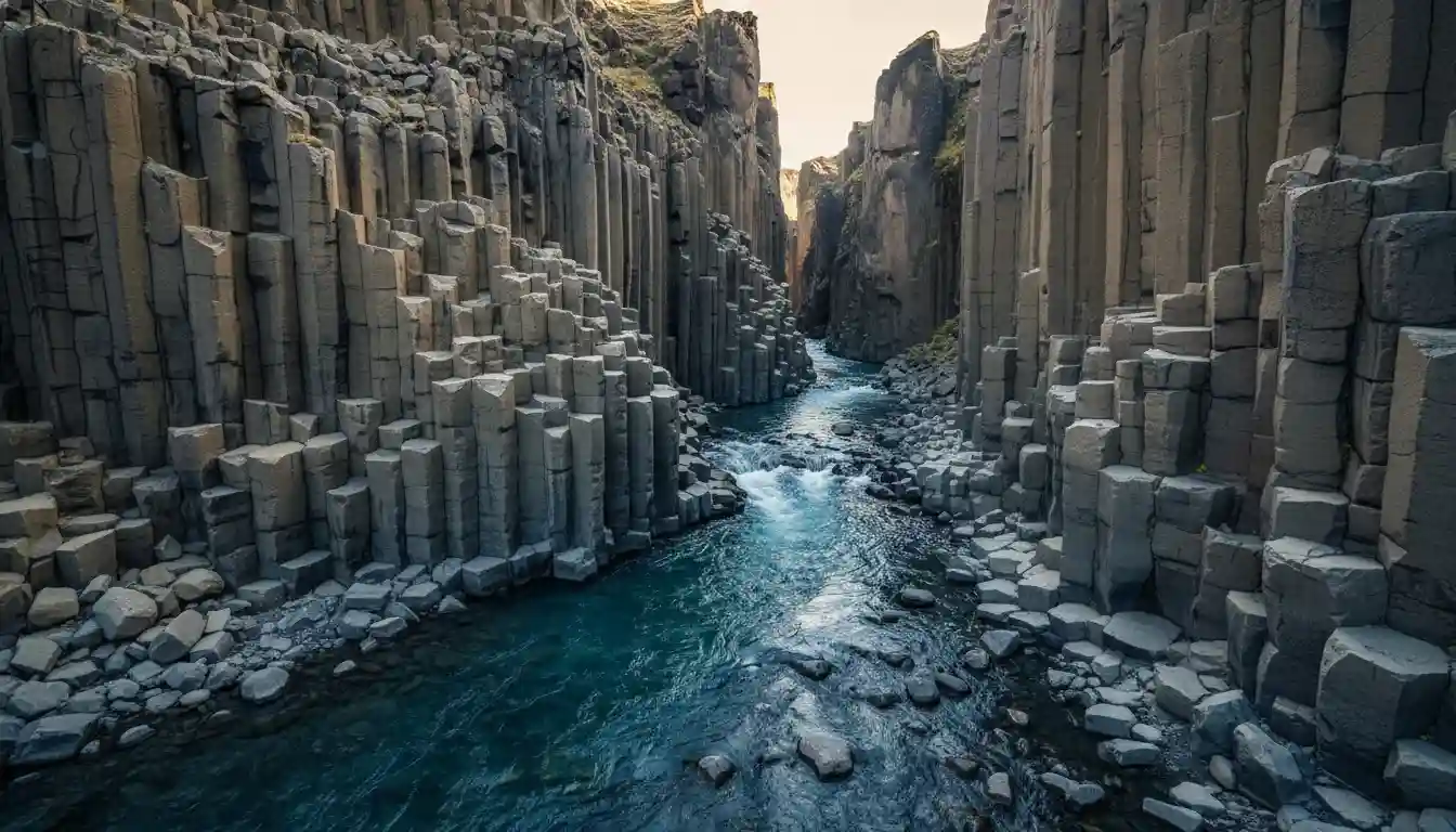 The basalt columns and blue water of Stuðlagil Canyon in Iceland