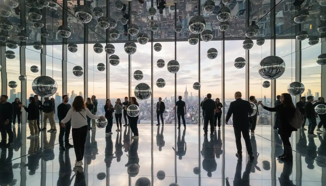 The mirrored room at Summit One Vanderbilt filled with silver floating balls.
