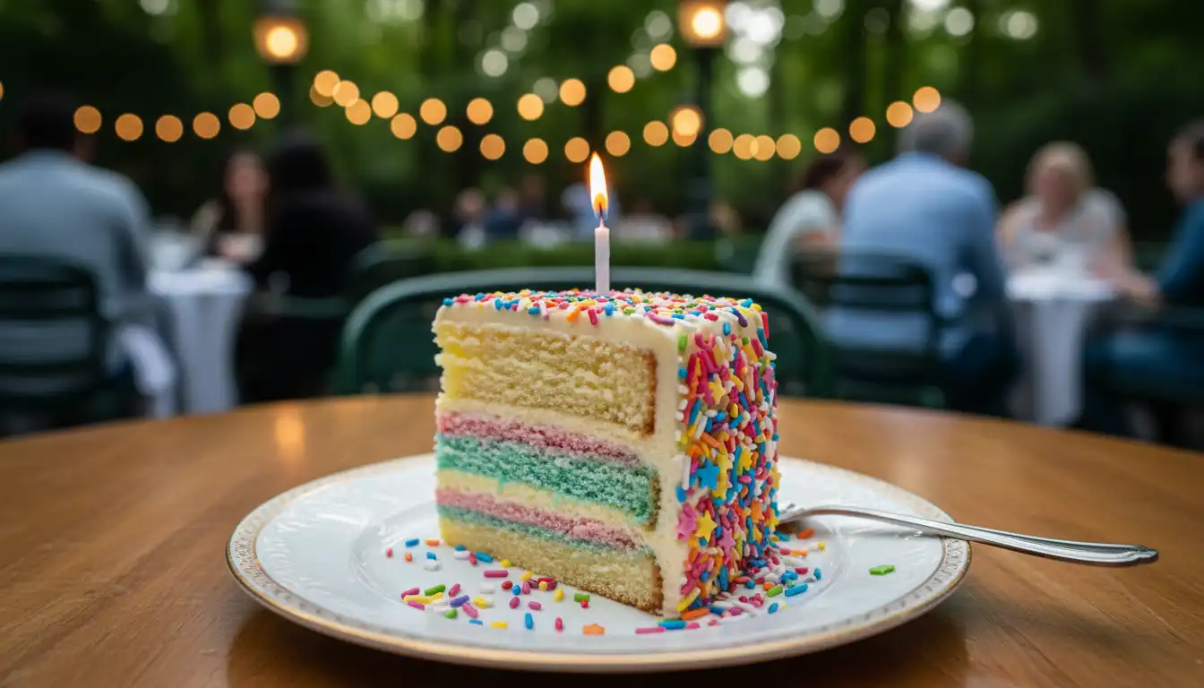 A slice of birthday cake with sprinkles from Tavern on the Green.