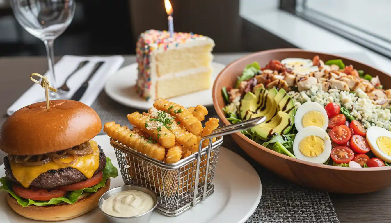 A gourmet burger with truffle fries and a Cobb salad on a restaurant table.