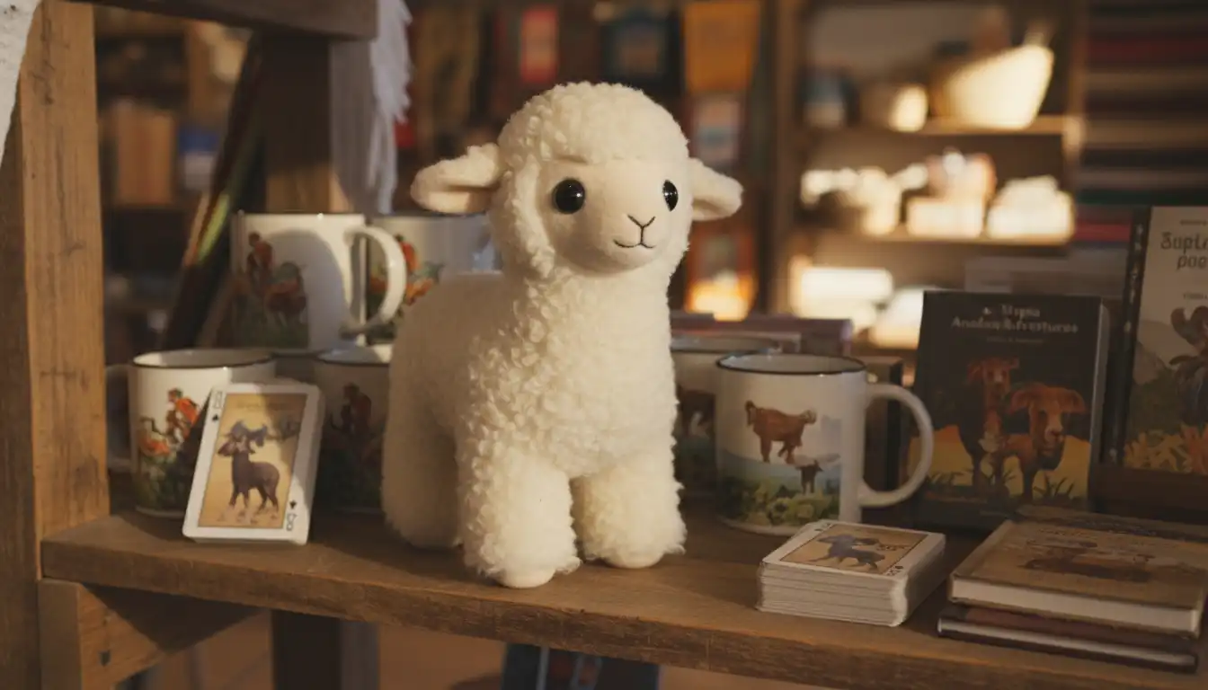 A cute, fluffy alpaca fur lamb toy sitting on a wooden shelf.