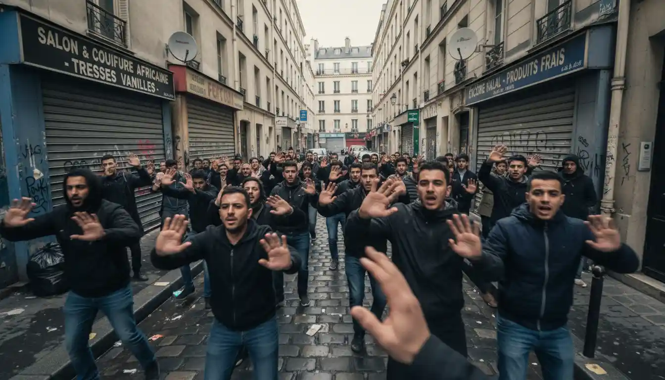 A tense street scene in a Paris neighborhood with many immigrants
