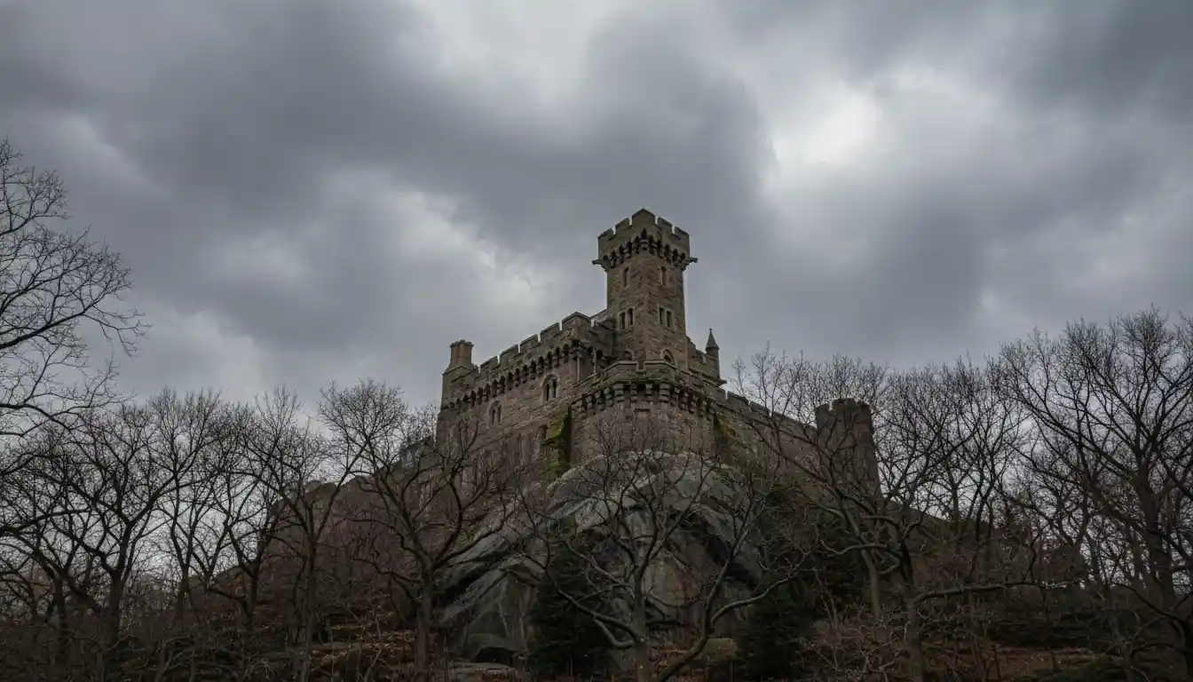The stone turret of Belvedere Castle rising above the trees against a cloudy sky.